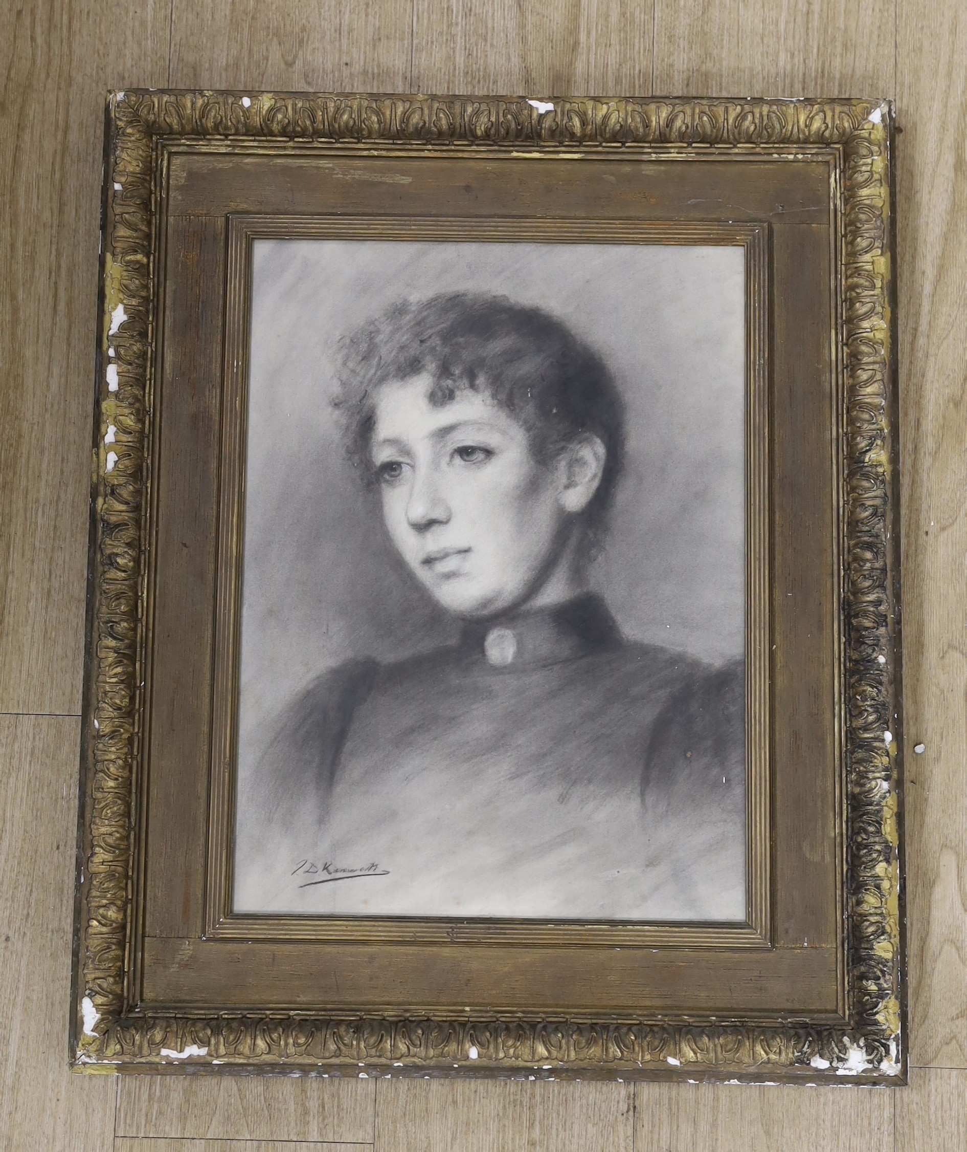 John Dalzell Kenworthy (1858-1954), charcoal and chalk, Portrait of a young lady, signed, 49 x 36cm
